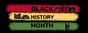 "Black History Month" written inside the red, yellow and green stripes with silhouettes of books inside the stripes 
