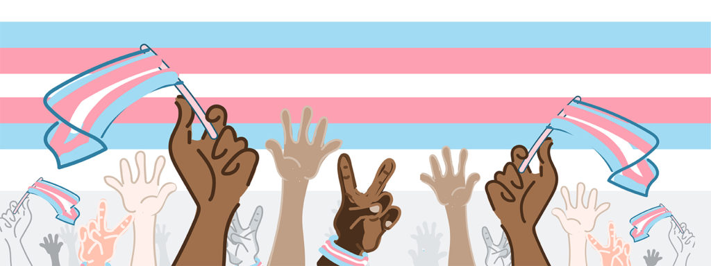 an illustration of diverse hands waving Transgender flags in front of a Transgender stripe pattern behind them.