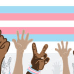 an illustration of diverse hands waving Transgender flags