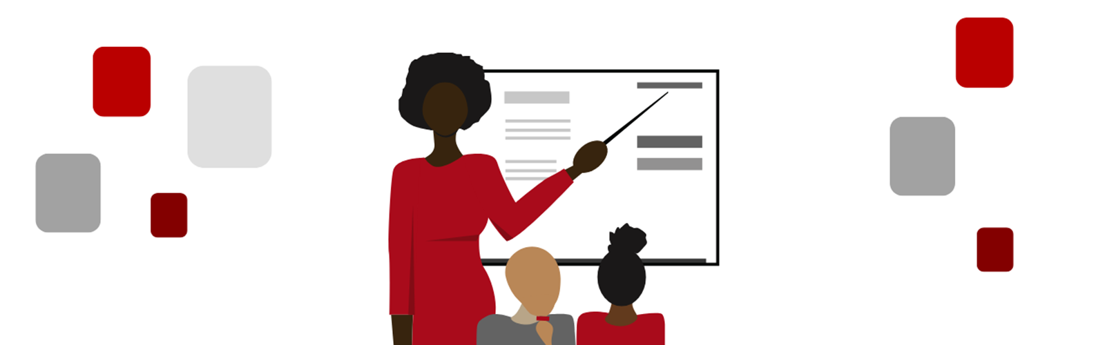 illustration of a Black woman pointing to a dry erase board with two illustrated children in front