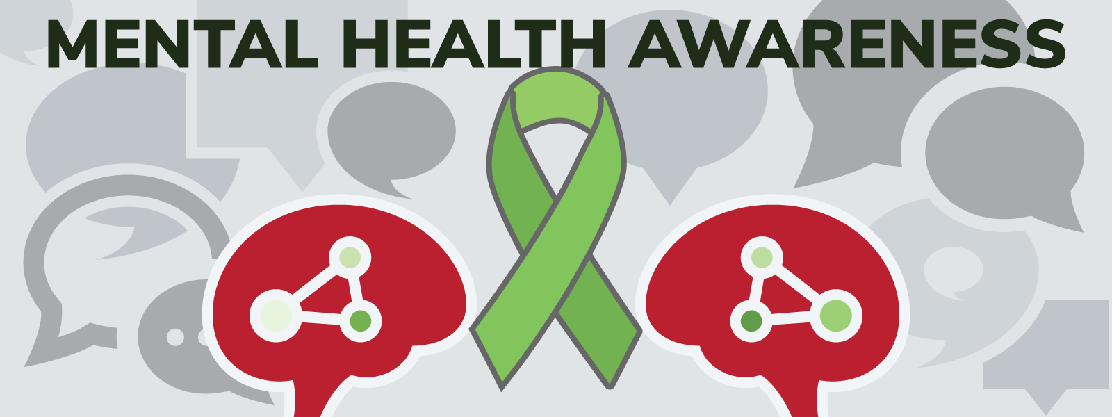 "Mental Health Awareness" a green ribbon stands in front of two red brain illustrations with grey speech bubbles floating behind them.