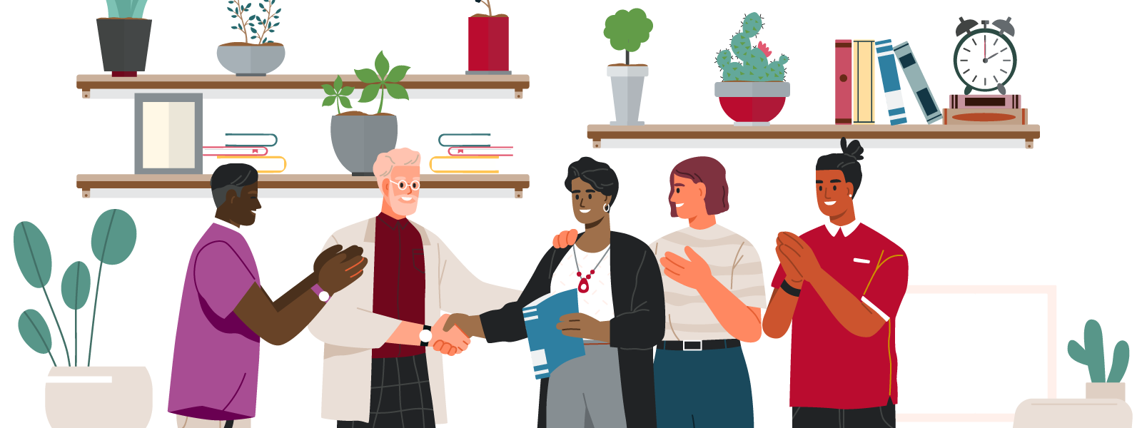 An illustration of employees congratulating another employee in an office with bookshelves in the background.