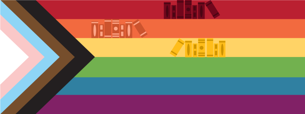 LGBTQ+ progressive rainbow flag with books like a bookshelf in the stripes