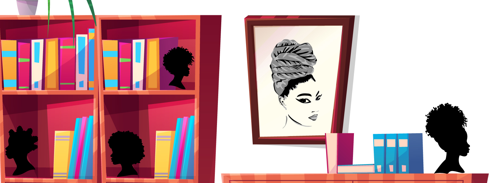 An illustration of bookshelves with Black girl statue busts on the shelves with a picture of a Black woman with a head wrap in a frame on the wall.