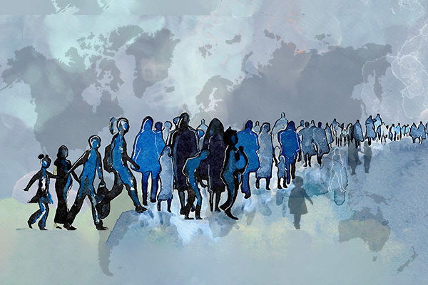 A blue and grey illustration of silhouettes of a crowd of people moving across the page with a global map behind it. A silhouette of black girls are the primary shape.