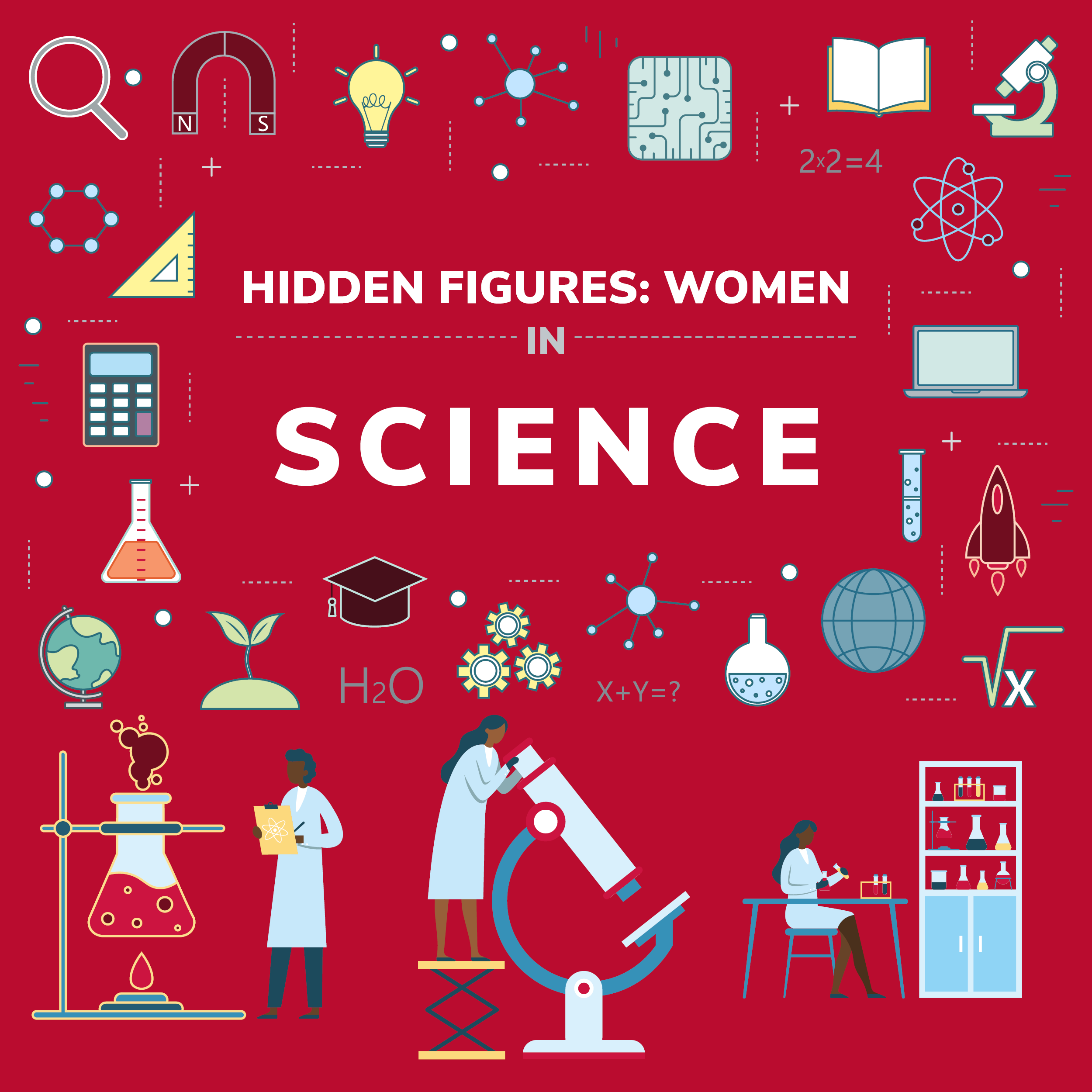 White type on scarlet background "Hidden Figures: Women in Science" with illustrations of People of Color doing different science things like looking in a microscope, watching chemicals in a flask. Also has objects you would find in a laboratory all around the type.