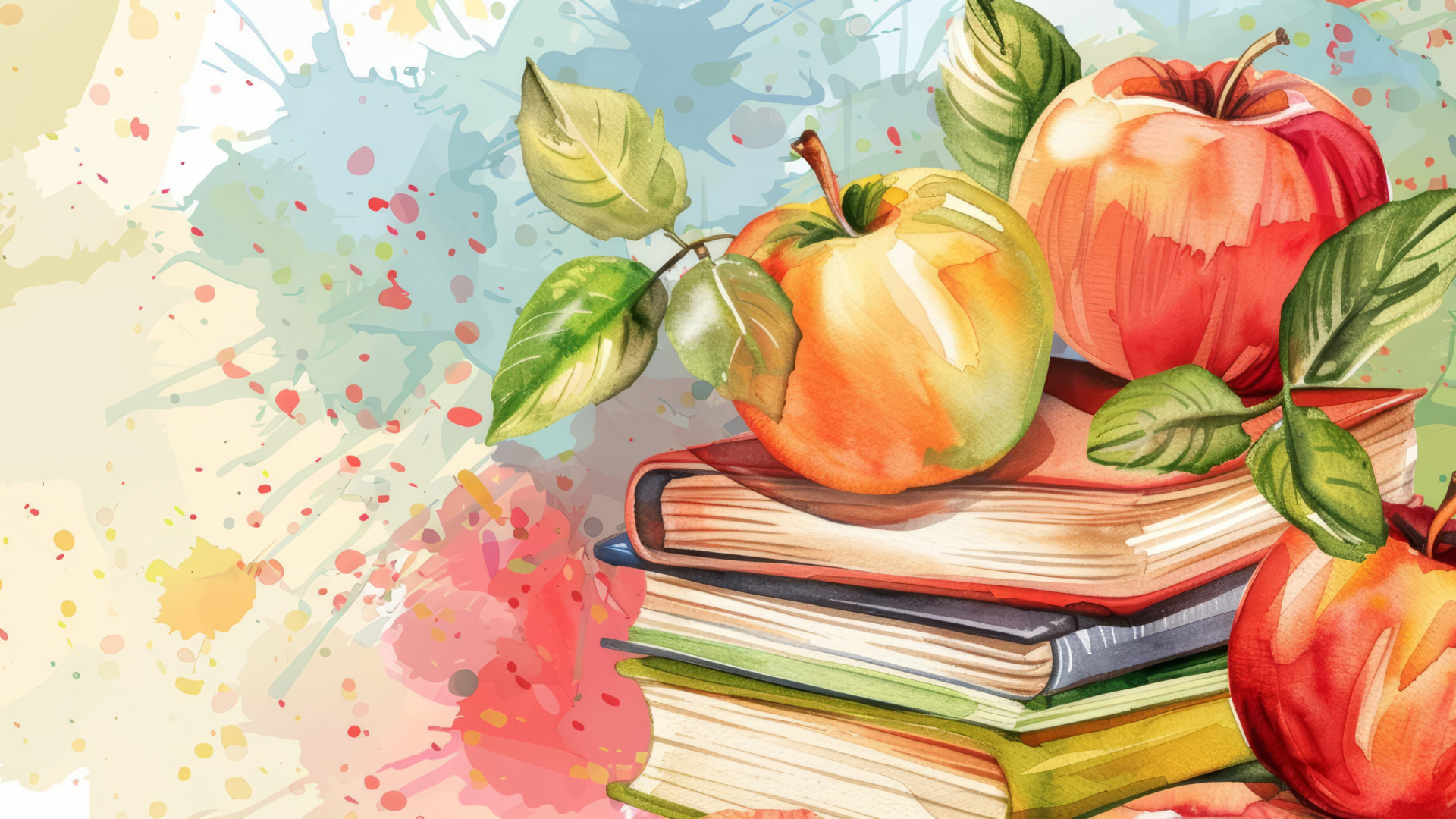 Watercolor painting of apples on a stack of books