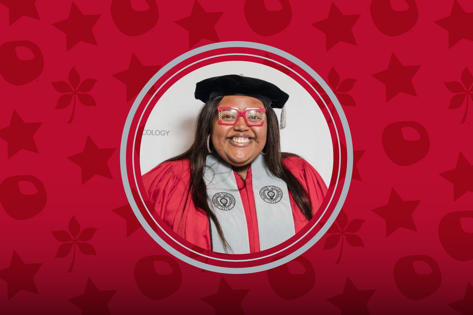 Bryanna Stigger in a circle with grey outline on top of a scarlet background with buckeye shapes and stars.