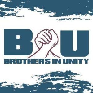 A grey blue box with white painterly marks. Blue-grey letters that spell out "Brothers in Unity" with an illustration of two hands in arm wrestling position or holding hands upwardly in between the letters B U.
