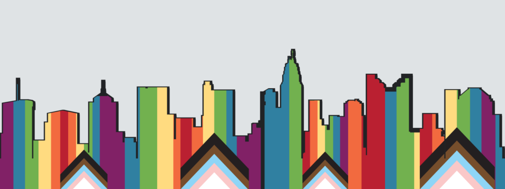 The PRIDE Rainbow progressive flag inside a silhouette of Columbus skyline