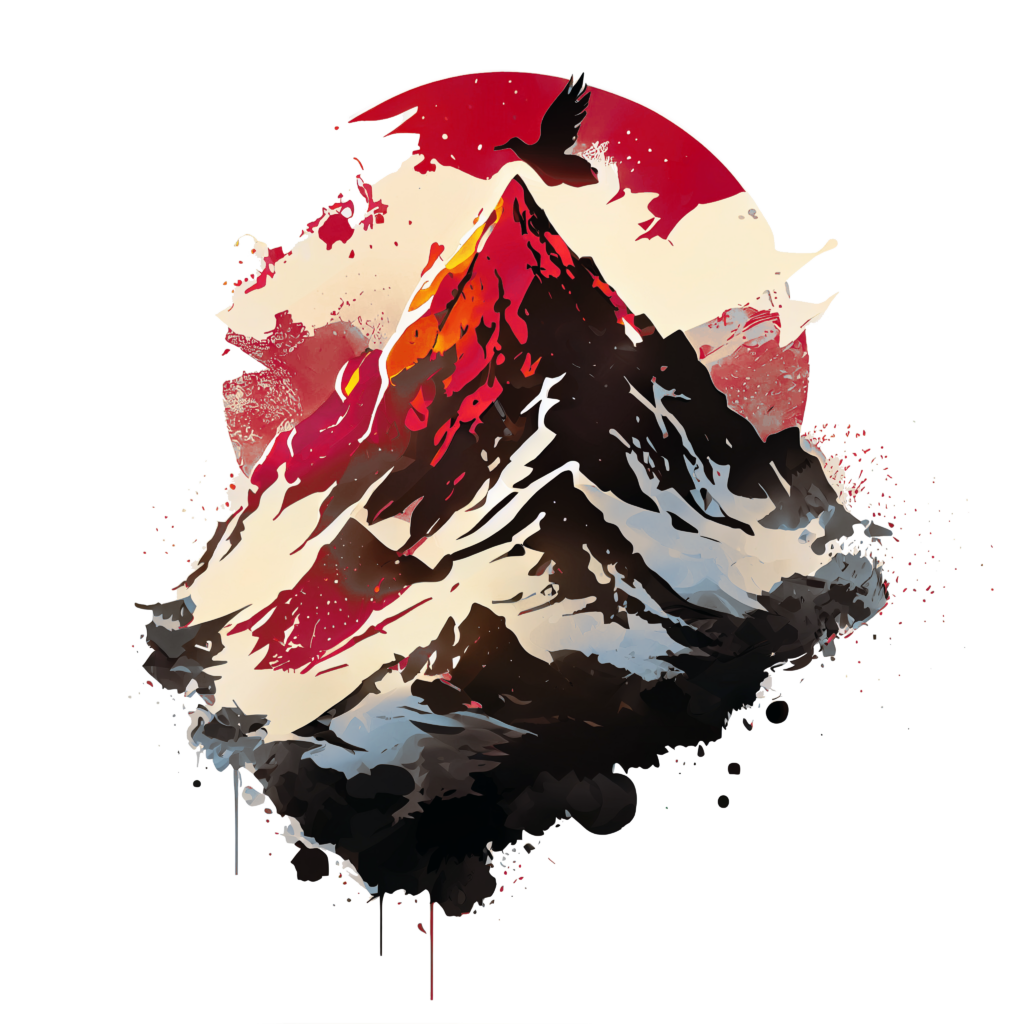 An AI generated illustration of a large dark bird flying over a beautiful mountain on a transparent background. The sun is behind the mountain in a scarlet circle.