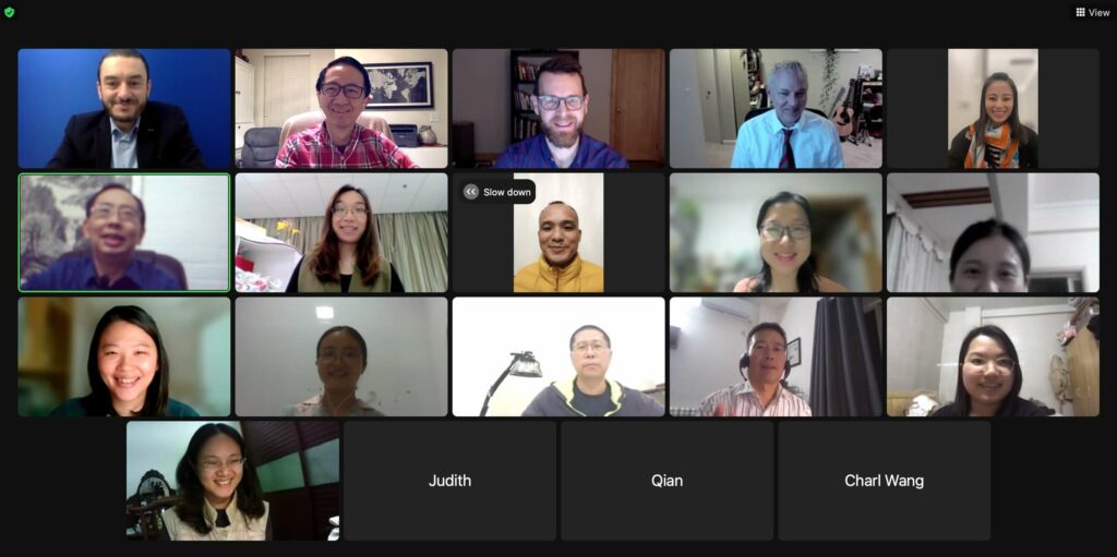 A screenshot of a virtual meeting with people from the BuckLER center