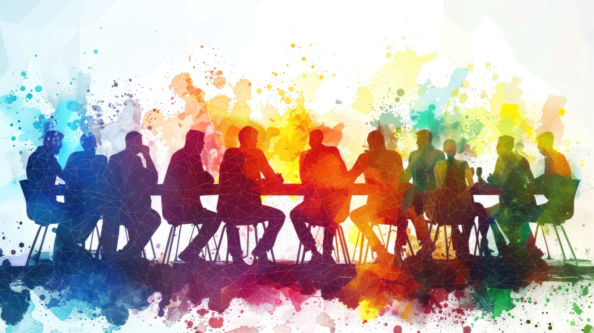 A group of people sitting around a table with a rainbow background.