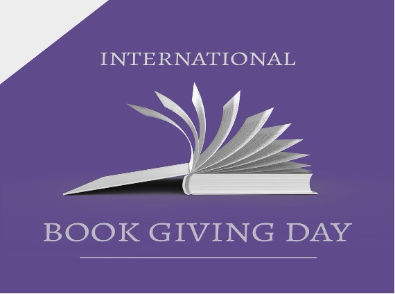 international book giving day purple background with a grey book in center